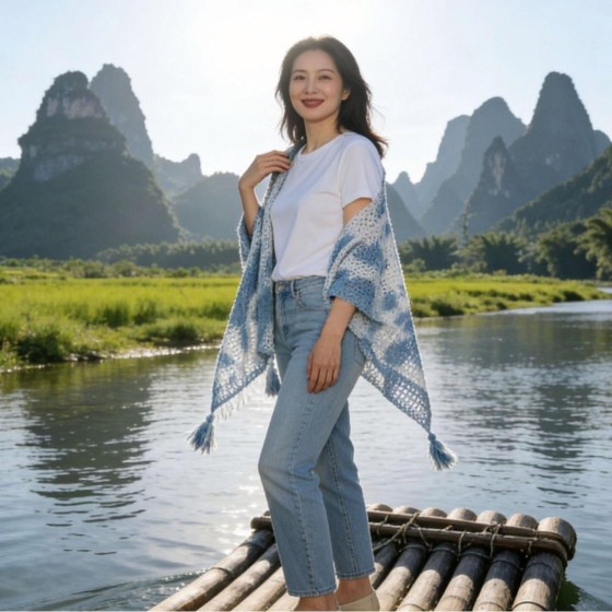 云南大理丽江广西桂林新款手工扎染蓝白披肩针织开衫外搭镂空流苏