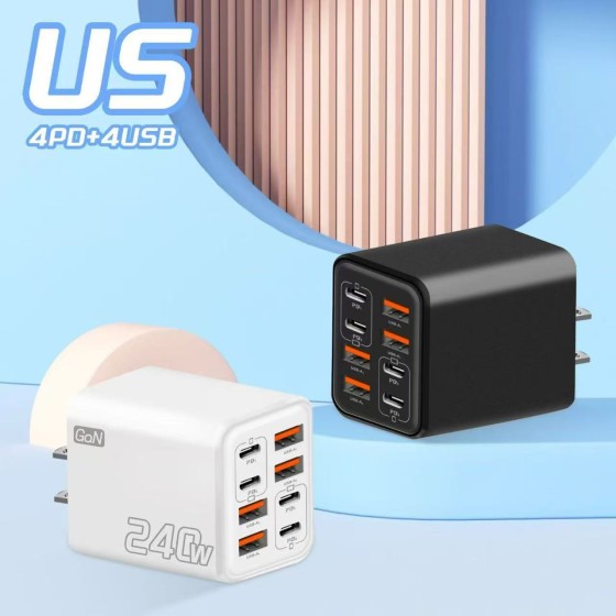 240W多口充电器PD手机插头4USB-4type-c充电头欧美英规电源适配器