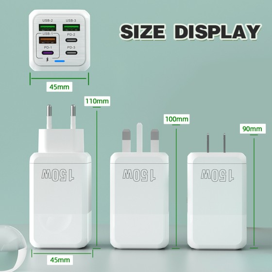 跨境新品多口充电器150W充电头3USB+3PD手机6合1多口充电头5v3A