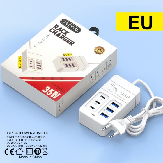 新款6usb手机充电器排插3pd多口type-c插座快速充延长线充头通用