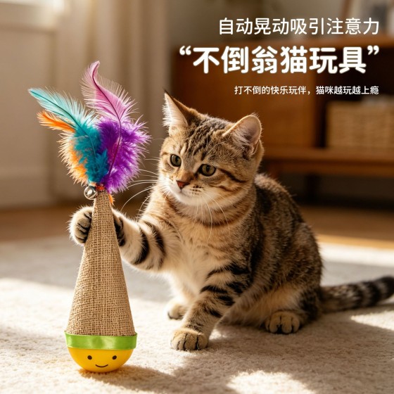 跨境猫玩具不倒翁解闷神器羽毛响铃旋转逗猫消耗体力耐咬宠物玩具