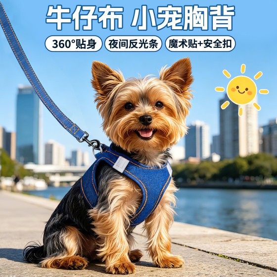 新款宠物衣服狗狗牛仔胸背带马甲反光小型犬遛狗牵引服装约克夏 (有码数）