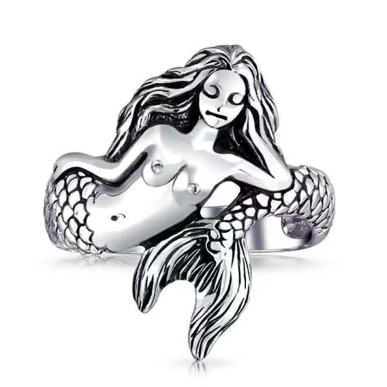 复古美人鱼戒指男士个性时尚开口指环仿泰银卡通仙女海妖食指戒