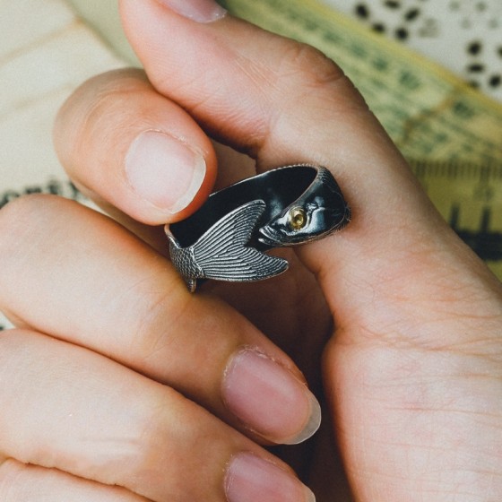 艺尚原创鱼形时尚百搭s925泰银开口愉悦指环复古个性时尚可调节男
