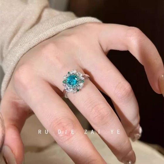 蓝楹花~清冷蓝钻花环戒指帕拉伊巴轻奢显白高级感开口戒