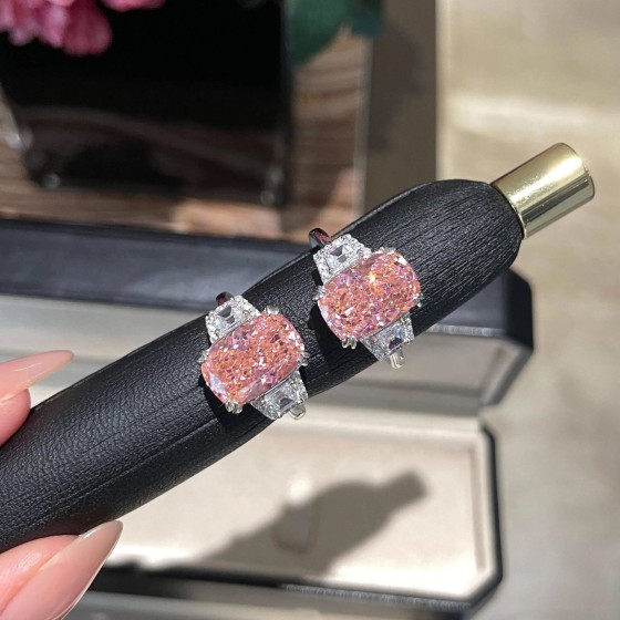 苏富比同款奢华重工仿真粉钻戒指大克拉冰花切肥长方高碳钻女戒