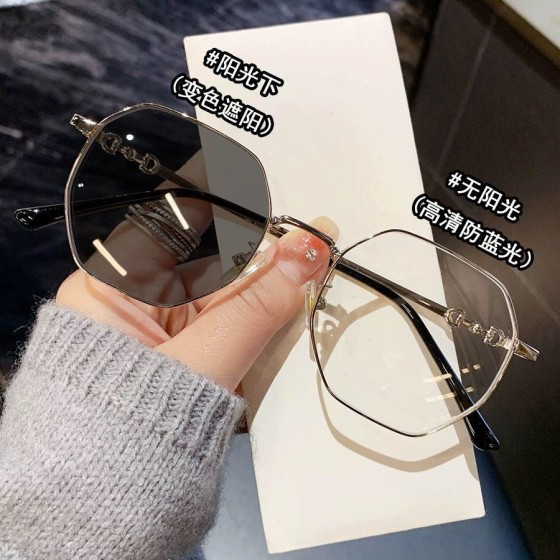 韩版大框变色眼镜女高颜值防蓝光眼镜女修颜多边形镜框