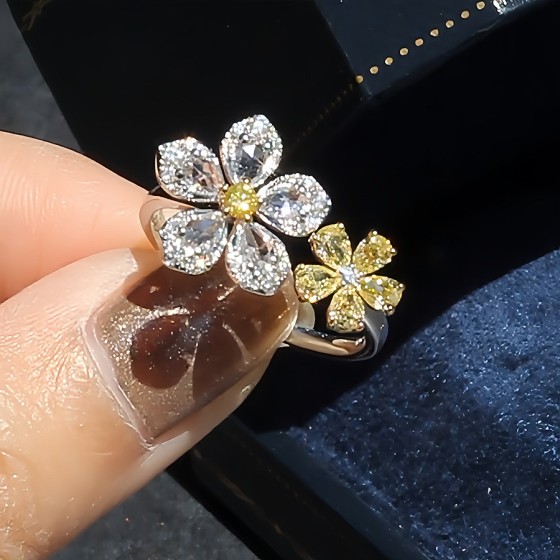 直播货源设计师款玫瑰切工中彩黄玫瑰双花开口彩色黄钻锆石戒指女