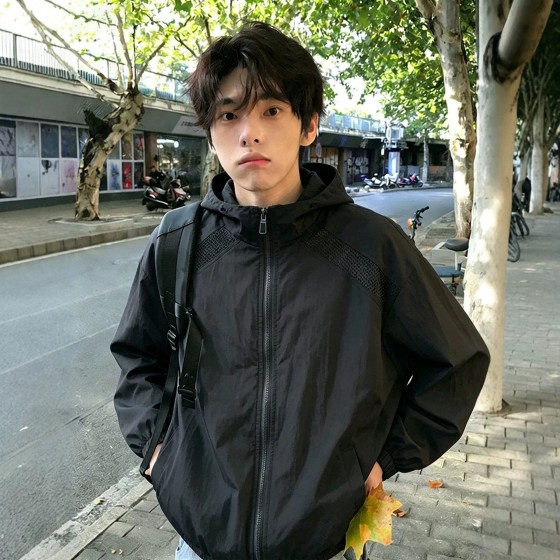 白色网眼速干防晒衣男夏季薄款连帽冲锋衣外套美式户外运动骑行服