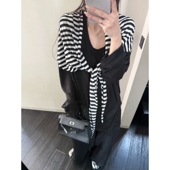 superniniyy 条纹针织披肩32%绵羊毛柔软松弛叠穿外搭斗篷披肩女