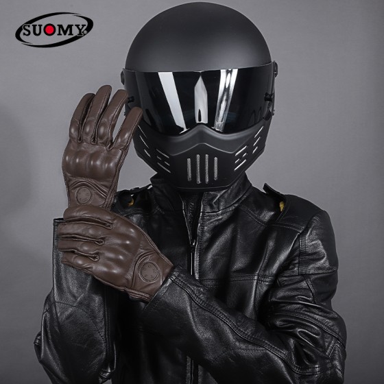 SUOMY摩托车骑行真皮防摔手套夏季触屏羊皮复古机车骑士装备透气