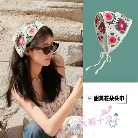 周洁琼同款樱桃头巾发带女拍照辣妹田园风发饰针织软妹复古三角巾