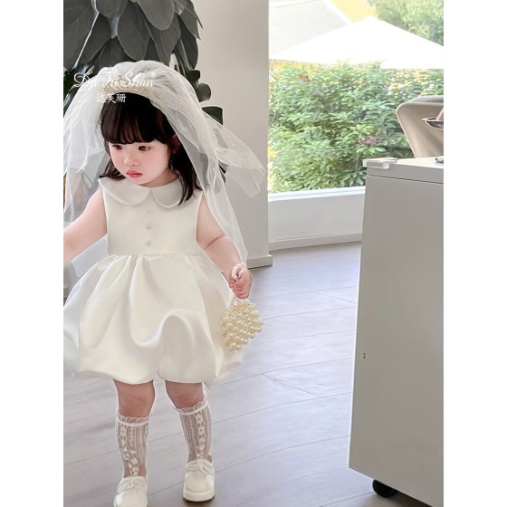 女童白色公主裙周岁礼服春季新款儿童生日花童蓬蓬裙头纱连衣裙