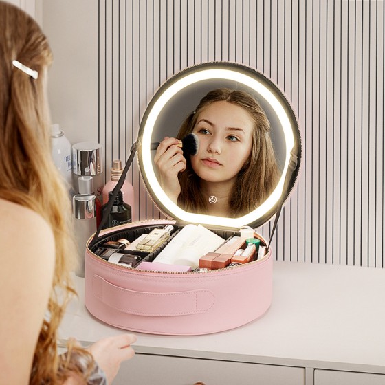 带镜子LED灯圆形化妆包大容量手提出差旅行便携化妆品收纳包 （含认证）