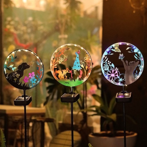 跨境太阳能铁艺猫咪蝴蝶地插灯户外庭院投影草坪灯氛围装饰景观灯